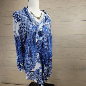 Chico's Cardigan Size 1 Medium Drapey Cardigan Boho Blue White